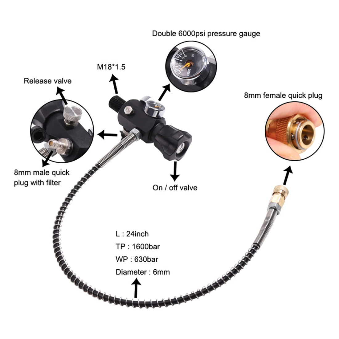 TUXING 4500Psi 300Bar 0.7L 700cc 42Ci Carbon Fiber Cylinder HPA High Pressure Regulating Valve Fill Station Scuba Diving M18*1.5