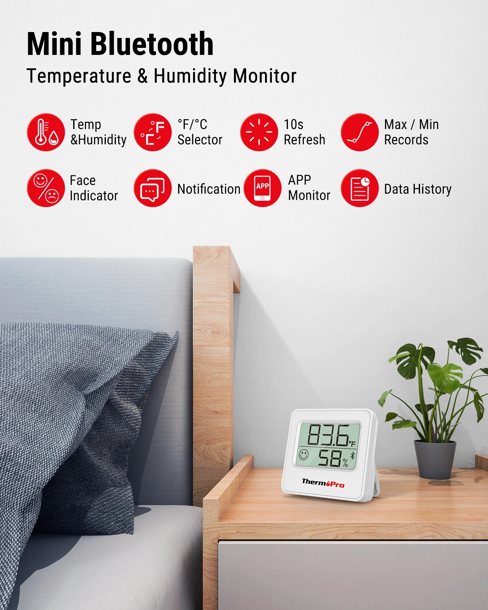 ThermoPro TP357 80M Smart Wireless Digital Thermometer Hygrometer Indoor Mini Room Thermometer Weather Station With Data