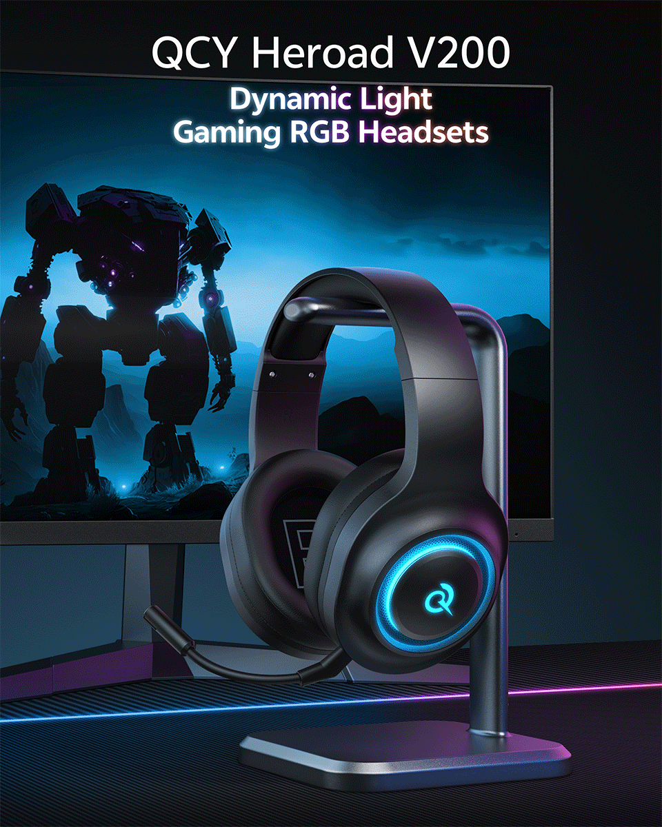 QCY Heroad V200 Gaming Headset Bluetooth 6.0 with Mic 50mm Driver 7.1 Surround Sound RGB Over Ear Headphones for PC Laptop PS4/5