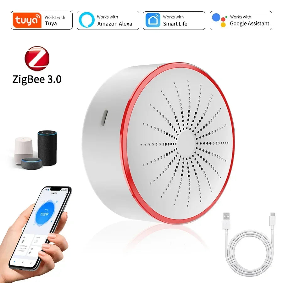 Tuya WiFi Zigbee Smart Siren Alarm 100db Speaker Sound & Light Alert Detector App Control Works With Alexa For Home Security