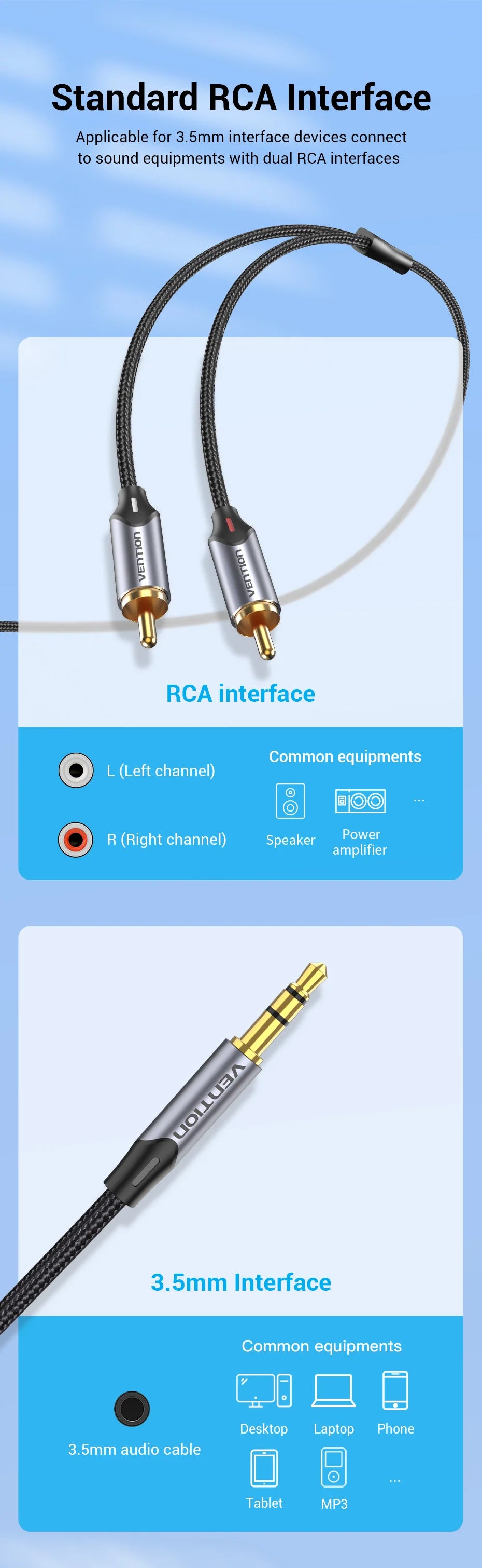 Vention RCA Cable HiFi Stereo 3.5mm Jack to 2RCA  Audio Cable AUX RCA 3.5 Y Splitter for Amplifiers Audio Home Theater Cable RCA