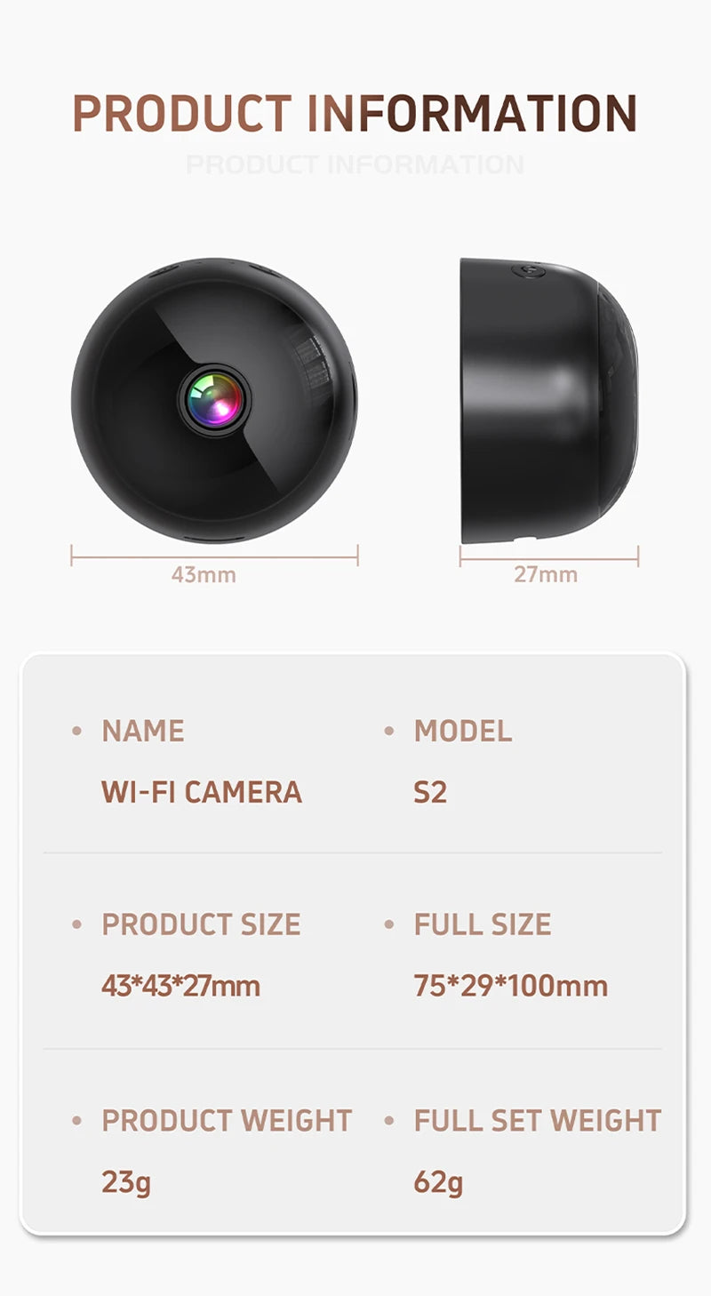 S2 Mini Camera WiFi Wireless Security 360° Protection Remote Monitor Camcorders Night Vision Video Smart Home HD Camera