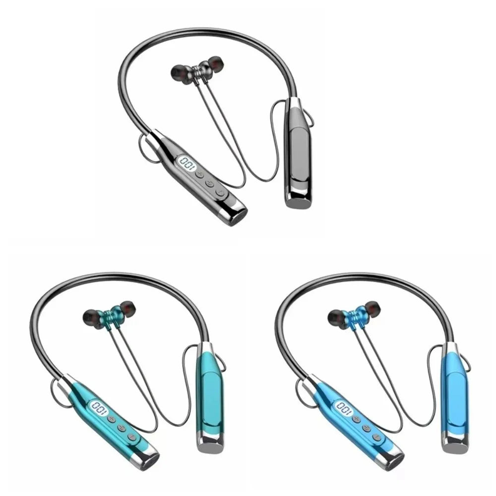 LED Digital Display Neckband Headphones Waterptoof 3D Stereo Wireless Bluetooth Earphones Mega Bass Neck-mounted Sports Headsets
