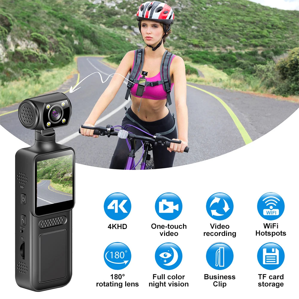 64GB 4K Ultra HD Action Mini Camera 180 Rotatable Vlog Wifi Sports Cam Waterproof Case Helmet Travel Bicycle Driver Recorder