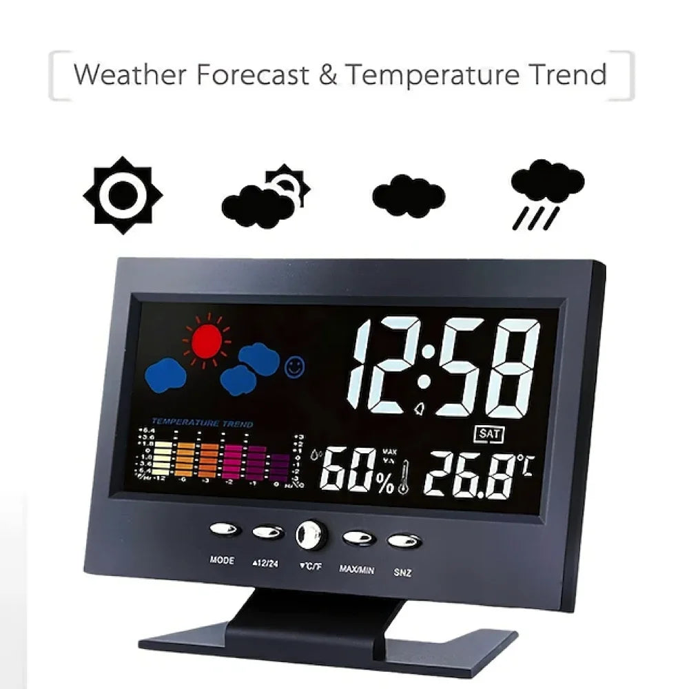Weather Clock With Time Date Week Temperature Humidity Display Weather Forecast Function With Voice-activated Backlight Function