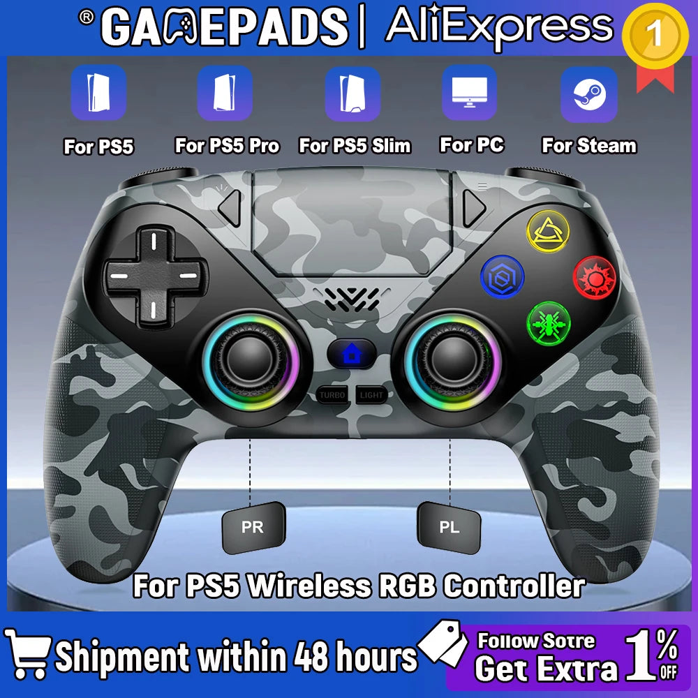 Wireless RGB Light Gamepad For Playstation 5 Controller Console Gaming Controller With Turbo Dual Sense Vibrate Programming