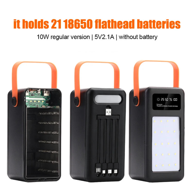 DIY Power Bank Case 18650x21 PD QC4.0 3.0 22.5W Fast Charge Battery Storage Box with Micro Type-c Charging Cable Camping Light