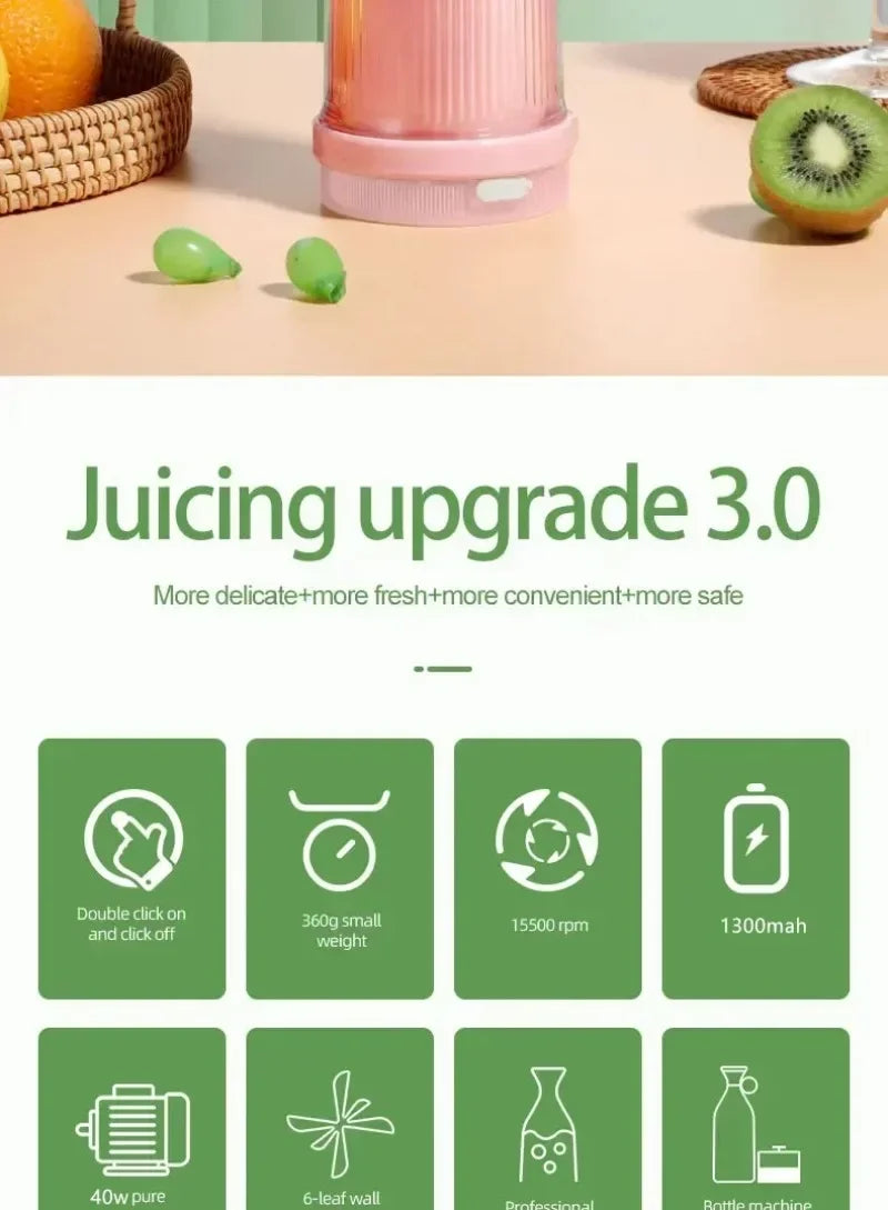 Mini Juice Blender Portable Electric Juicer Bottle 6 Blades Shake Orange Lemon USB Charging Fruit Mixer Fresh Squeezer Machine