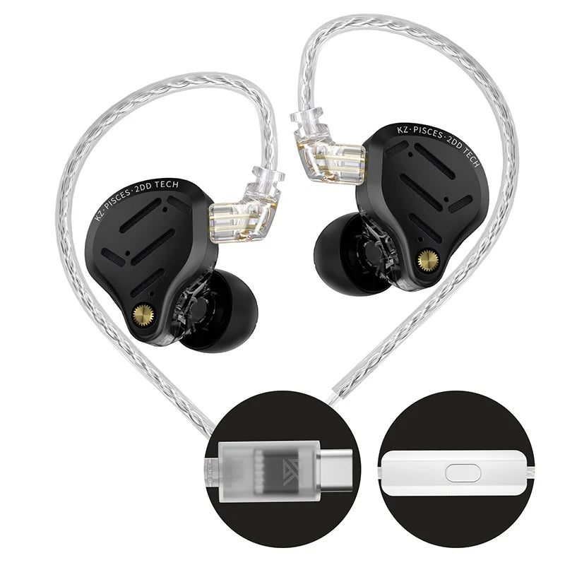 KZ Pisces 2DD Dynamic Drive Earphones Adjustable Earbuds HIFI In Ear Wired Gaming Earphones 2PIN 3.5MM Type-c Plug Cable