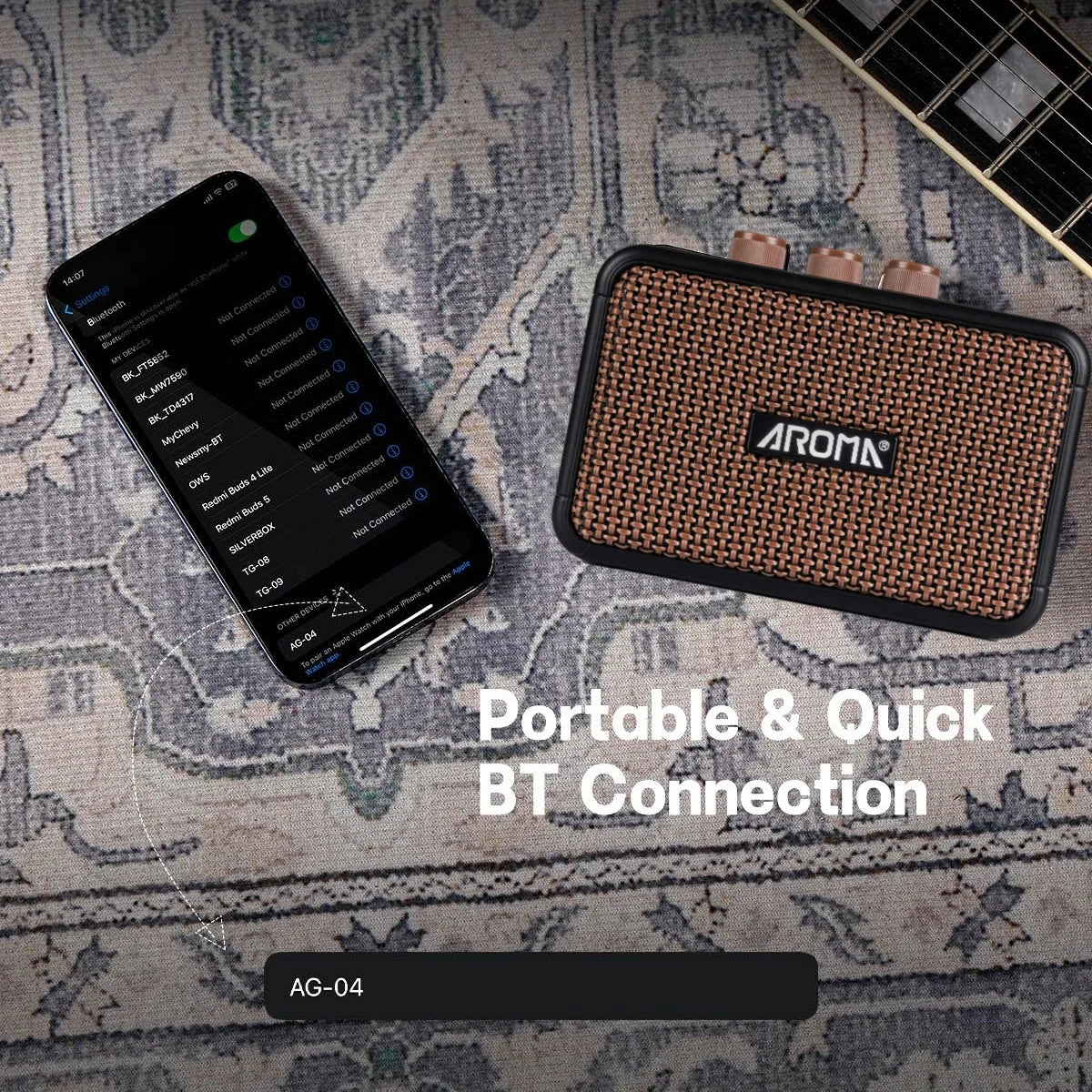 Aroma AG-04 Guitar Amplifier 5W Output Dual Speaker w/BT Wireless /Rechargeable Battery/Headphone Aux Jack Guitar Amp