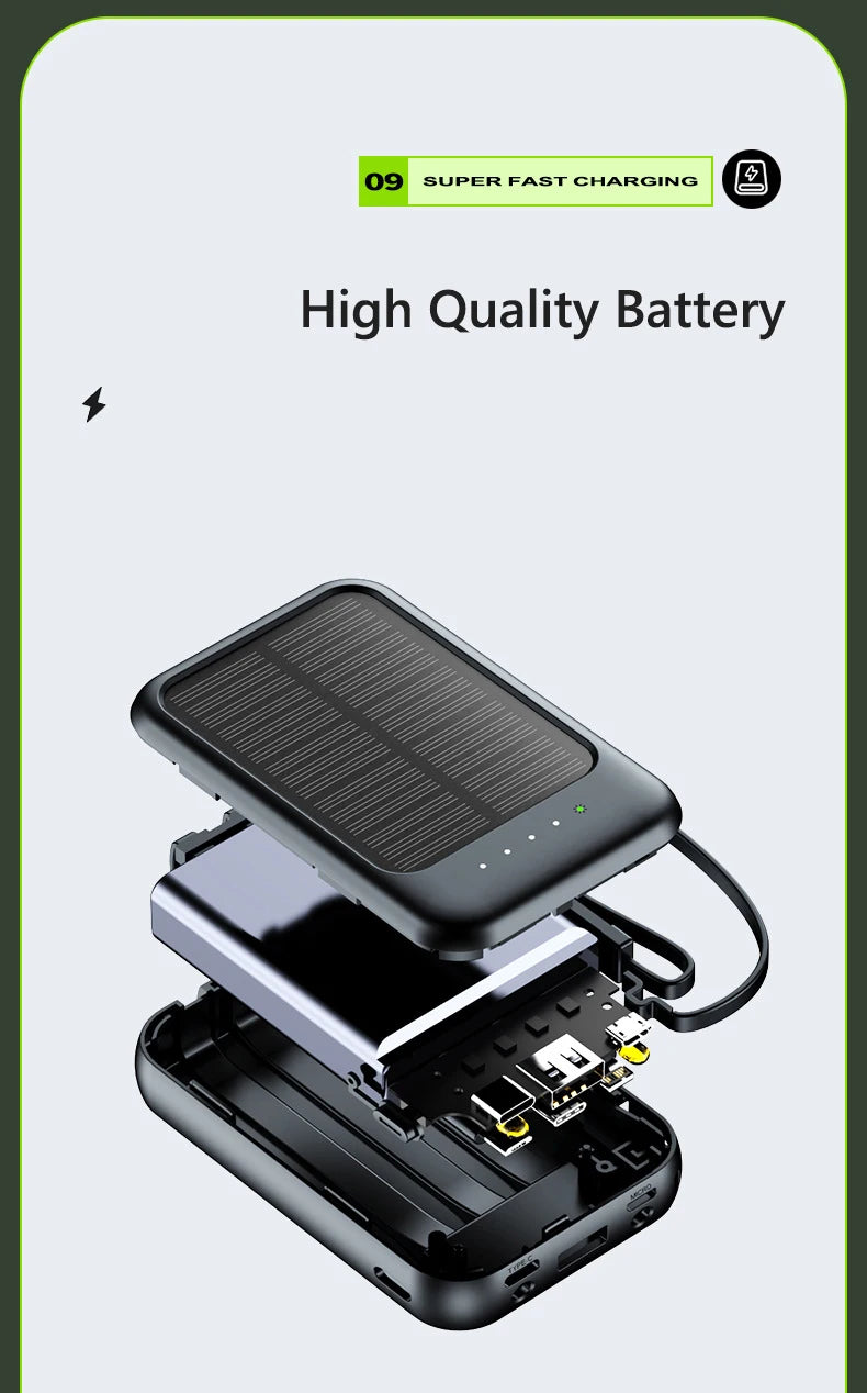 50000mAh Solar Power Bank Built Cables Solar Charger Poverbank 2 USB Port External Charger Mobile Phone Powerbank with LED Light