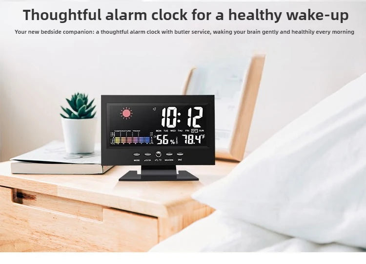 Electronic Alarm Clock Digital Alarm Clock Weather Station Time Temperature Humidity Display Clock with USB Cable Sound Control