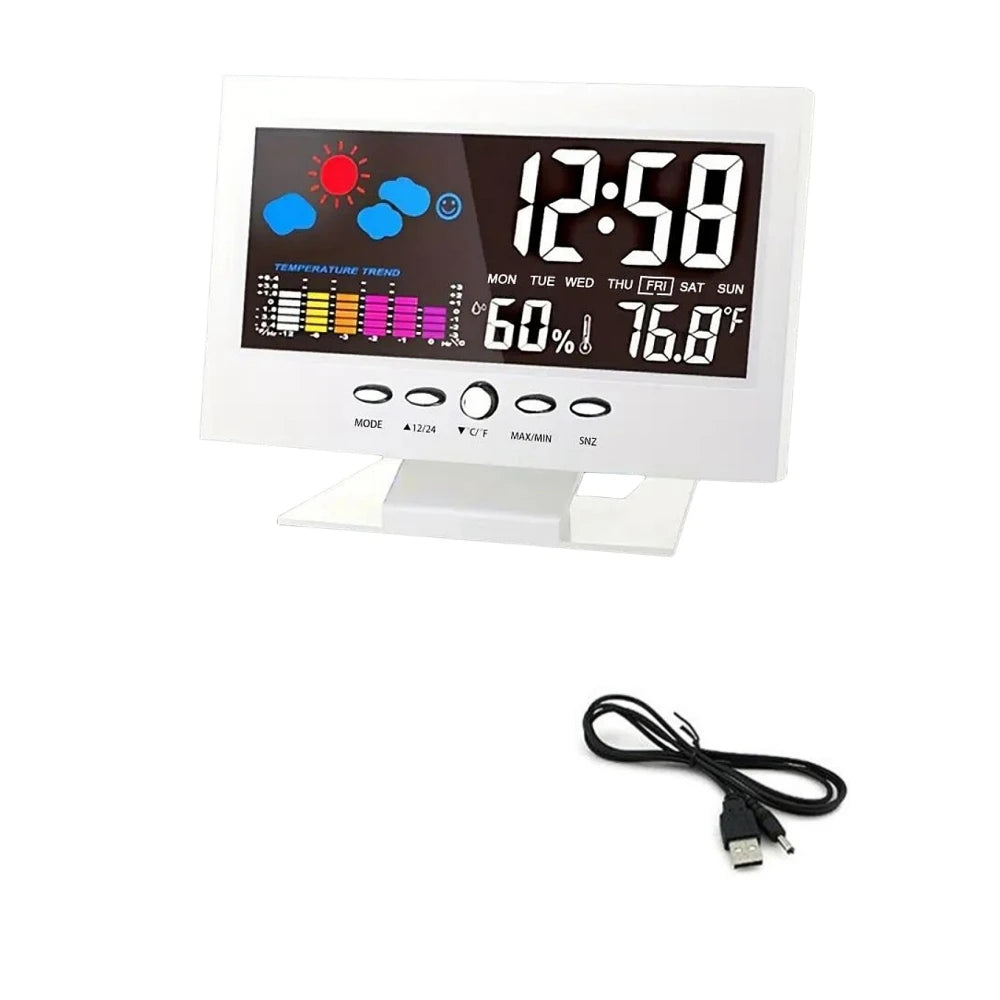 Voice Control Backlight Digital Weather Clock Date Week Temperature Humidity Weather Forecast 12/24H Electronic Clock