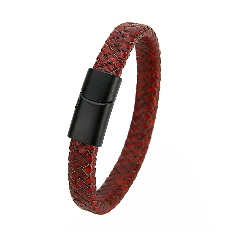 Mibrow Braided Black Leather Men Bracelet 10x5 12x6mm Size Fashion Metal Magnetic Clasp Wrap Bracelets Punk Charm Men Jewelry