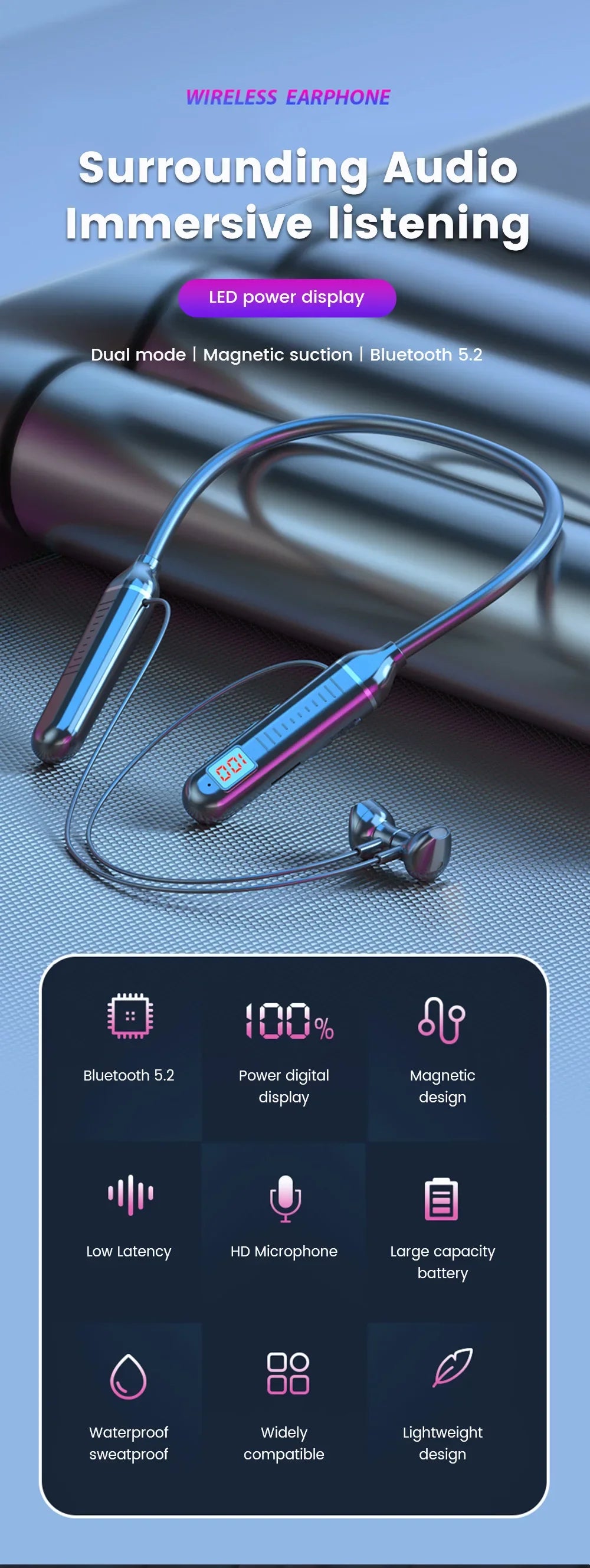HyperWave 5.3 Wireless Neckband Gaming Earphones - LED-powered sound