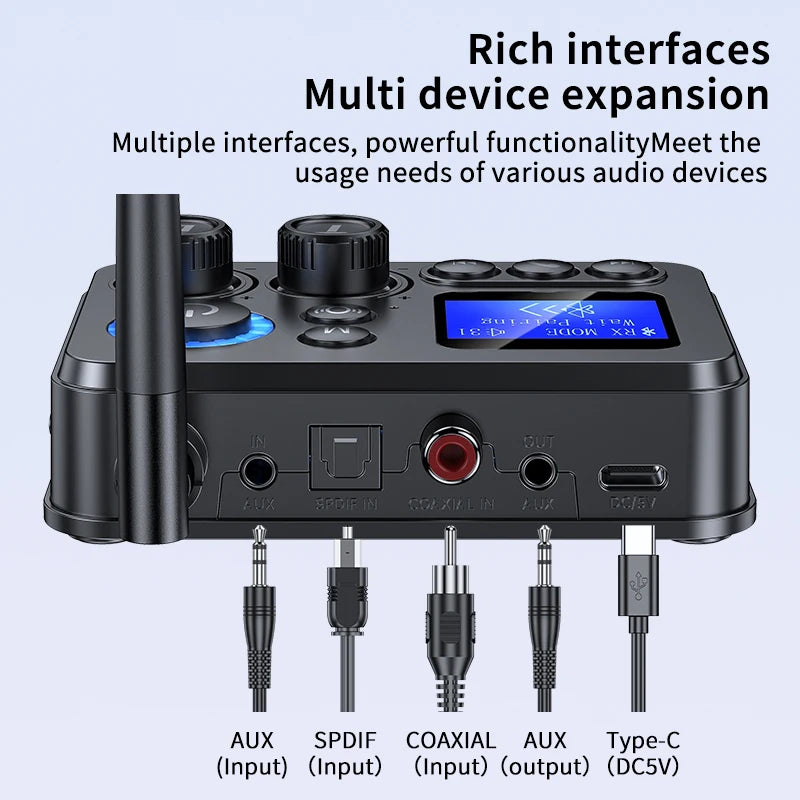 Bluetooth 5.4 Audio Transmitter Receive Support AUX/COAXIAL/SPDIF/TF/U disk with LCD Display for Home Stereo TV Speakers PC