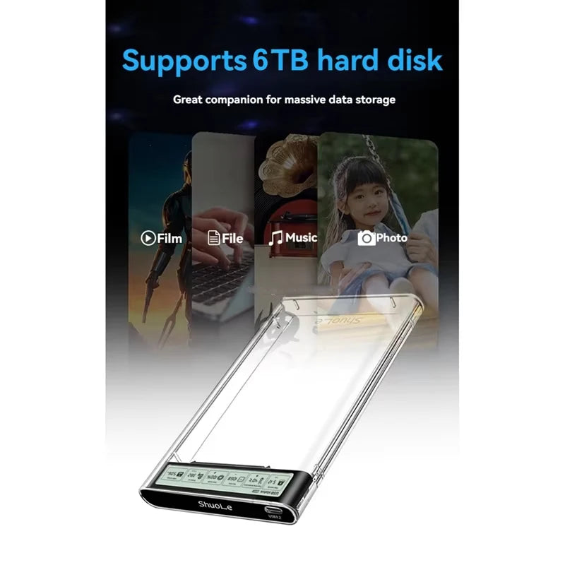2.5'' HDD SSD Case Smart Display External HDD Enclosure USB3.2 Gen2 Hard Drive Clear Portable Storage Case for Laptop PC