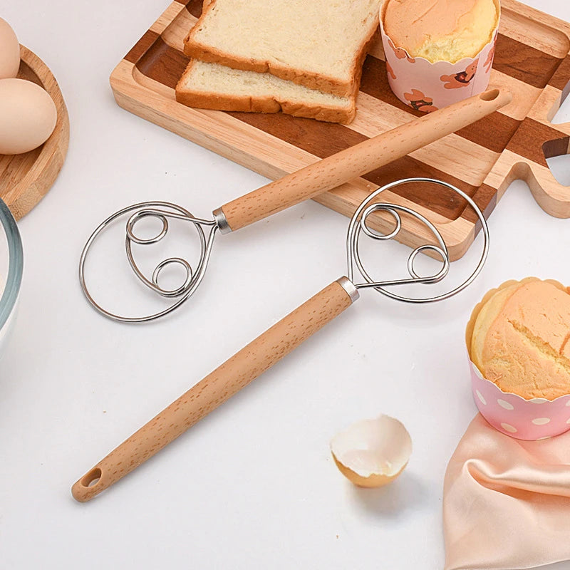 1PCS 10 Inch Creative Hand Blender DIY Danish Bread Stainless Steel Bakeware Dough Whisk Egg Beater Mixer Tool Wood Handle