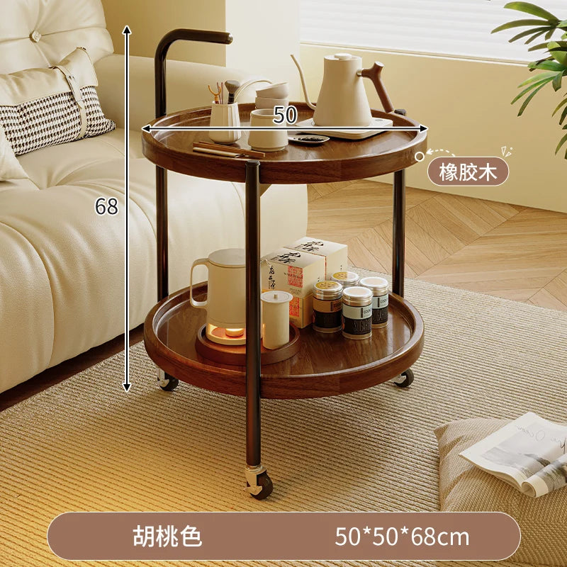 Solid Wood Rolling Cart Table Movable Side Wheels Compact Wooden Tea Trolley Living Room Portable Coffee Bedroom Bedside Storage