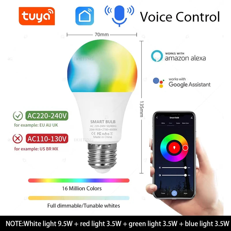 Tuya Smart Life APP Wifi Led Light Bulb AC110V 220V  A19 A21 E27 RGBCW Lamps Works With Alexa Google Home Voice Control