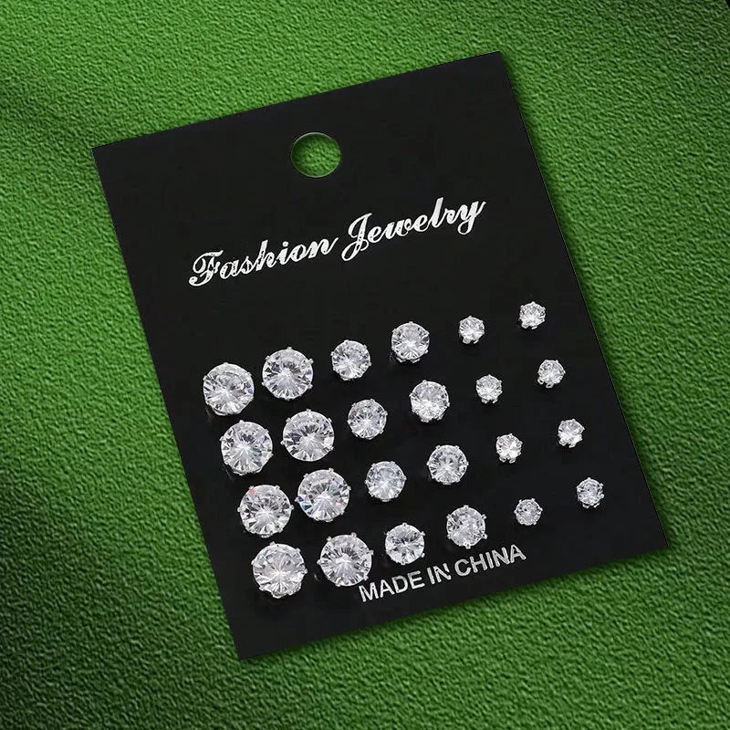 New Geometric Six-Claw Heart-Shaped Crystal Zircon Basic Set Ear Studs Vintage Elegant 36 Pairs Unisex