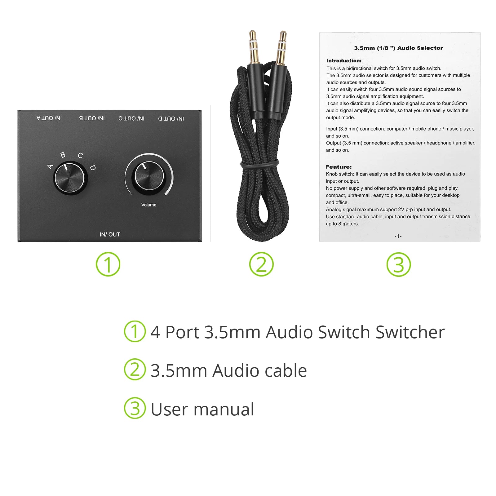 4 Way/2 Way 3.5mm Stereo Audio Switcher Bi-Directional Audio Switch Splitter Box 2 In 1 Out 4 In 1 Out with Mute Button