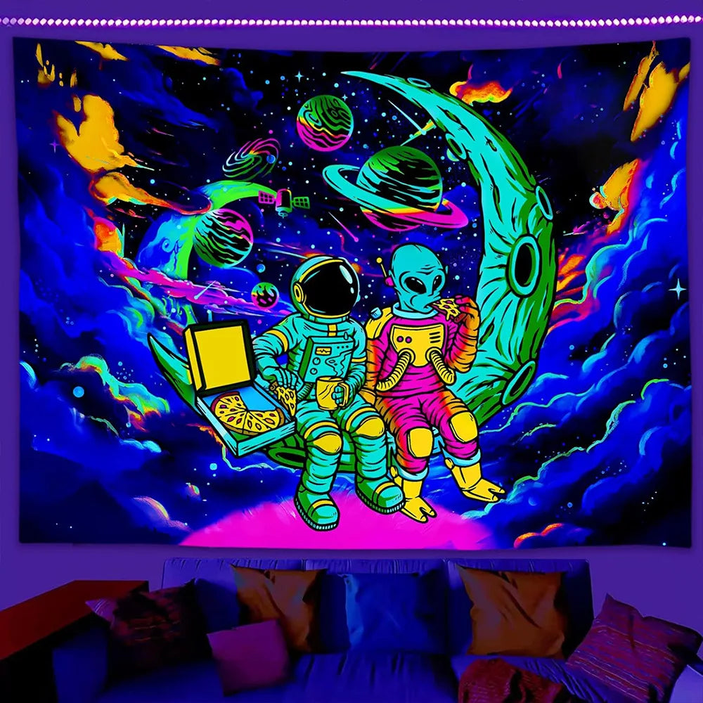 Neon Blacklight Tapestry UV Reactiv Alien DJ Tapestry Glow In The Dark Bohemian Elegance for Artful Wall Hanging and Home Décor