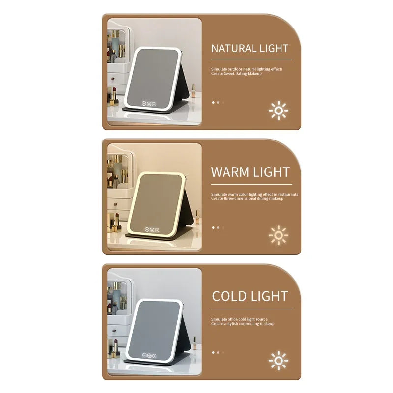 LED Dimmable Makeup Mirror Portable Foldable Design with Touch Screen 3 Colors Light Stepless USB Charging for Beauty Fashion