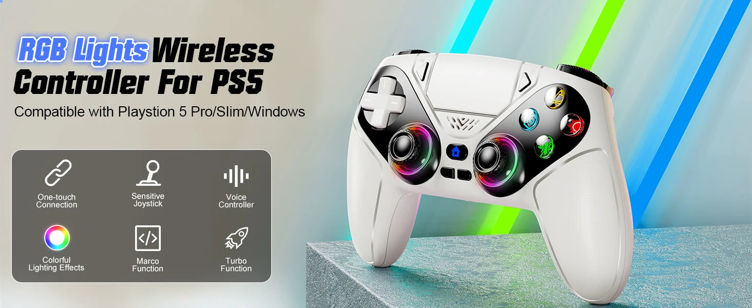 Wireless RGB Light Gamepad For Playstation 5 Controller Console Gaming Controller With Turbo Dual Sense Vibrate Programming