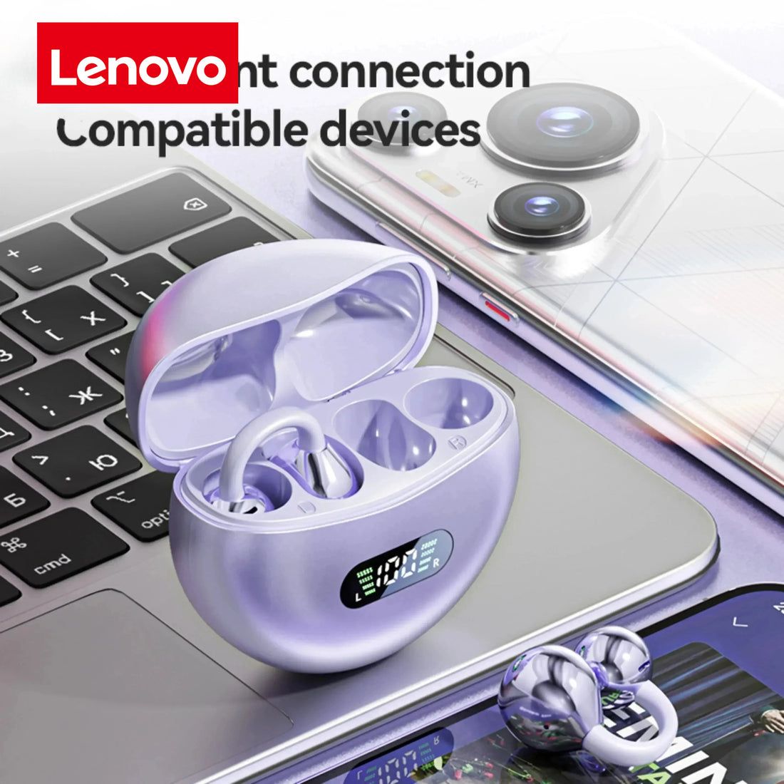 Lenovo Clip-on Wireless Bluetooth Earbuds, Type-C USB Charging, Suitable for Sports, Running, and Gaming, Open Design.