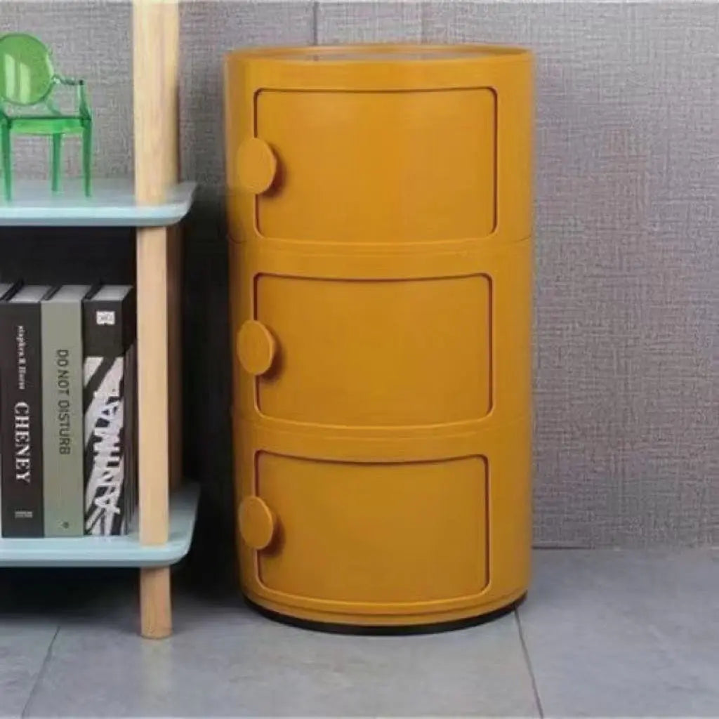 Plastic Round Nightstand Bedside Table Cabinet with Sliding Doors Round Storage Bedside Cabinet Nightstand  for Living Bedroom