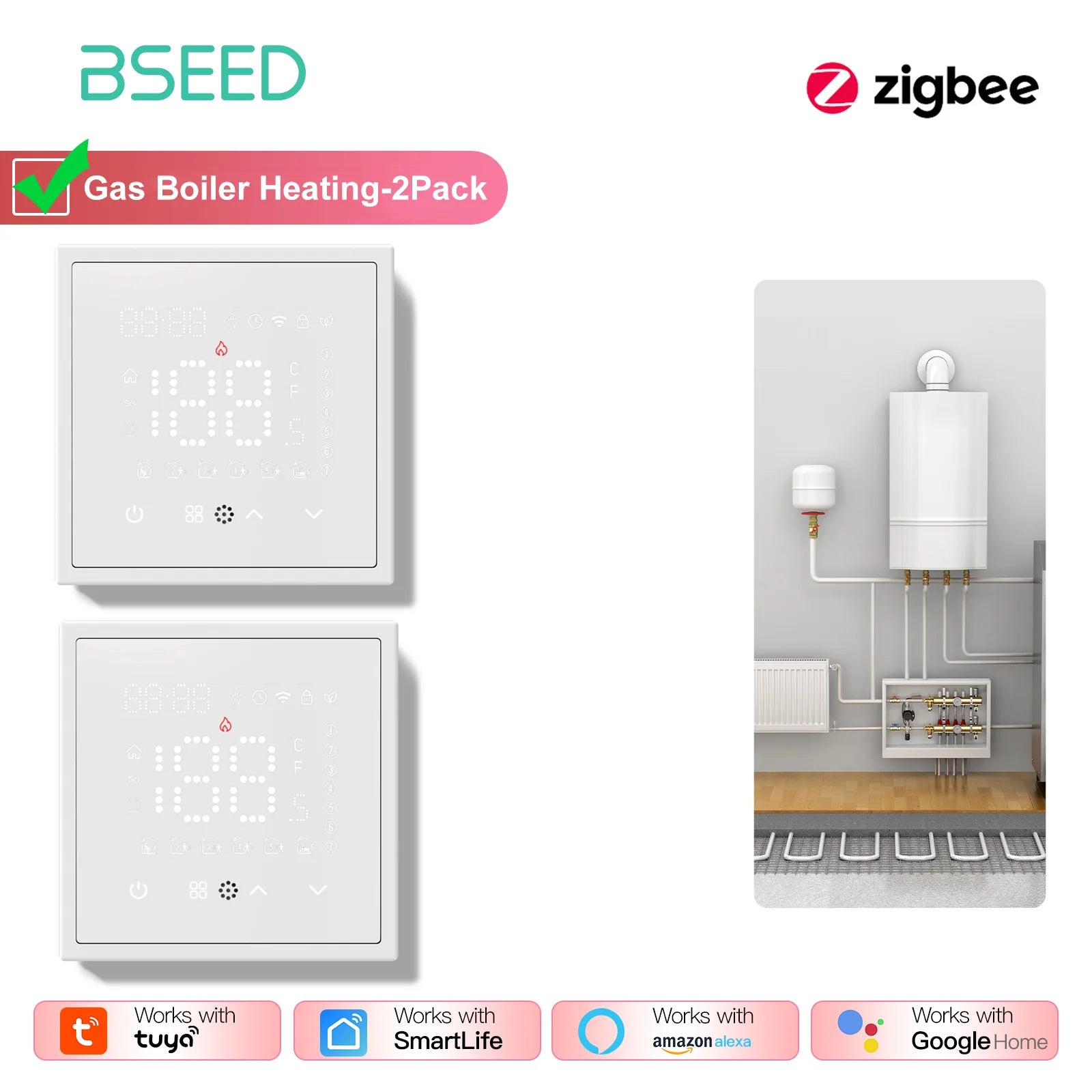 BSEED Zigbee Electric /Water/Gas Boiler Floor Heating Touch Sensor Smart Thermostats Tuya Smart Life Alexa Control Plastic Frame