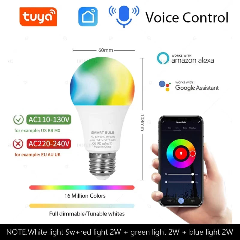 Tuya Smart Life APP Wifi Led Light Bulb AC110V 220V  A19 A21 E27 RGBCW Lamps Works With Alexa Google Home Voice Control