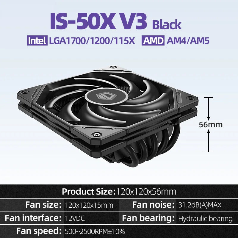 ID-COOLING IS-50X 5 Heat Pipes ITX Air Cooling CPU Processor Cooler 4Pin PWM 12015 Fan For Intel LGA 1700 1200 AM4 AM5 Radiator