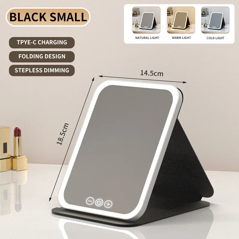 LED Dimmable Makeup Mirror Portable Foldable Design with Touch Screen 3 Colors Light Stepless USB Charging for Beauty Fashion