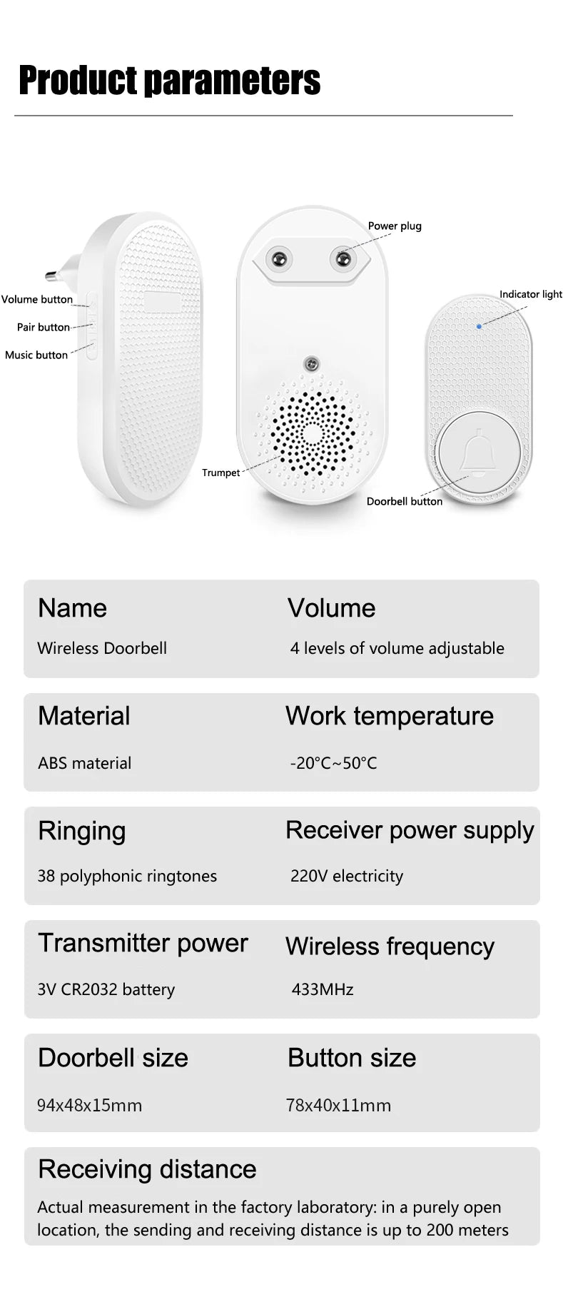 Smart Wireless Doorbell 433MHz 4 Volume Levels & Melody Chime Emergency Alarm for Elderly EU or US Plug Optional (White/Black)