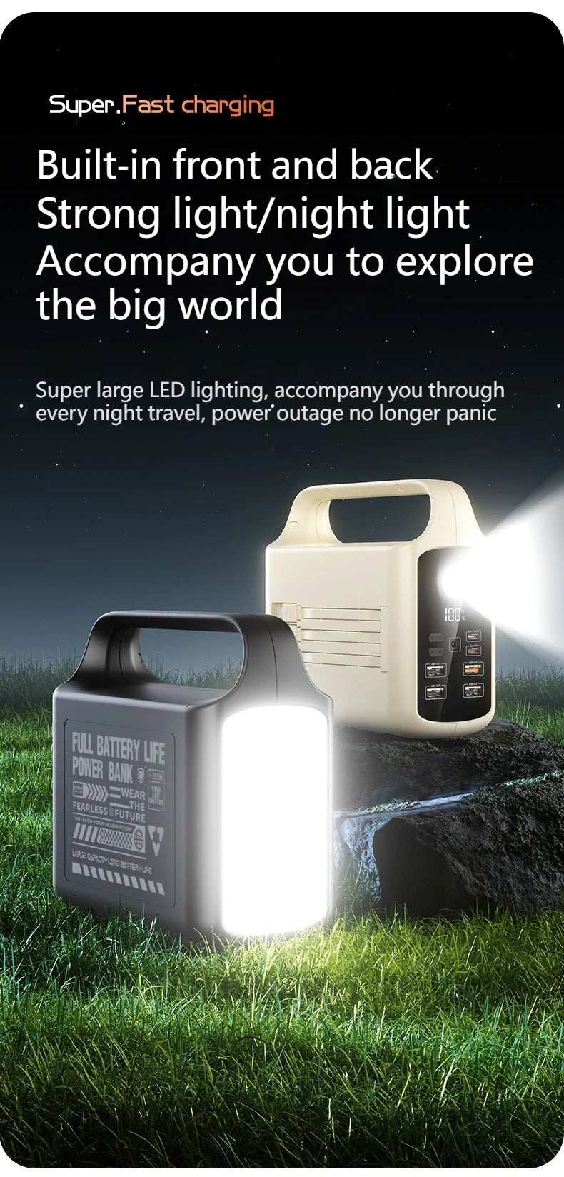 200000mAh Power Bank Large Capacity Portable Outdoor Emergency Power Supply Built-in cable Camping Iight For iPhone Xiaomi