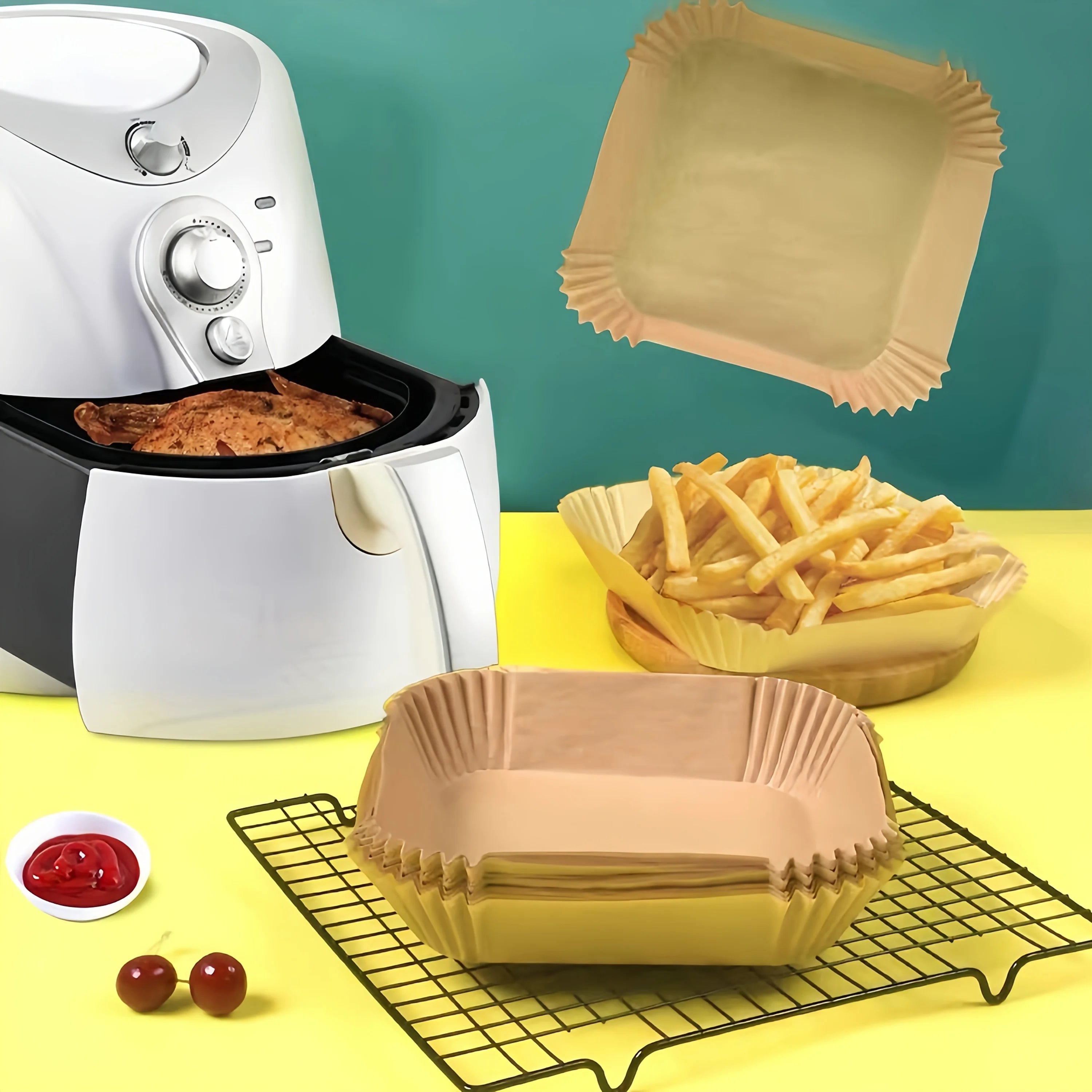 100 non-stick air fryer liners - high-quality single-layer paper with grooved edges, ensuring safe cooking, easy cleaning