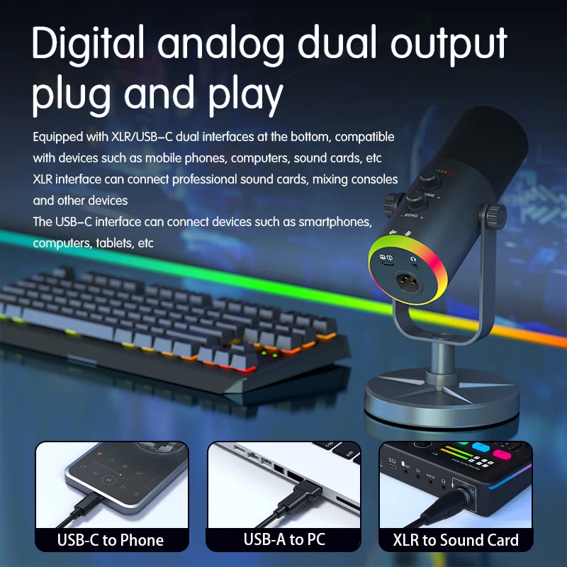EASEMELO XLR USB Type-C Microphone with RGB Lighting Noise Cancelling Professional Dynamic Mic for Studio ECHO Adjustment