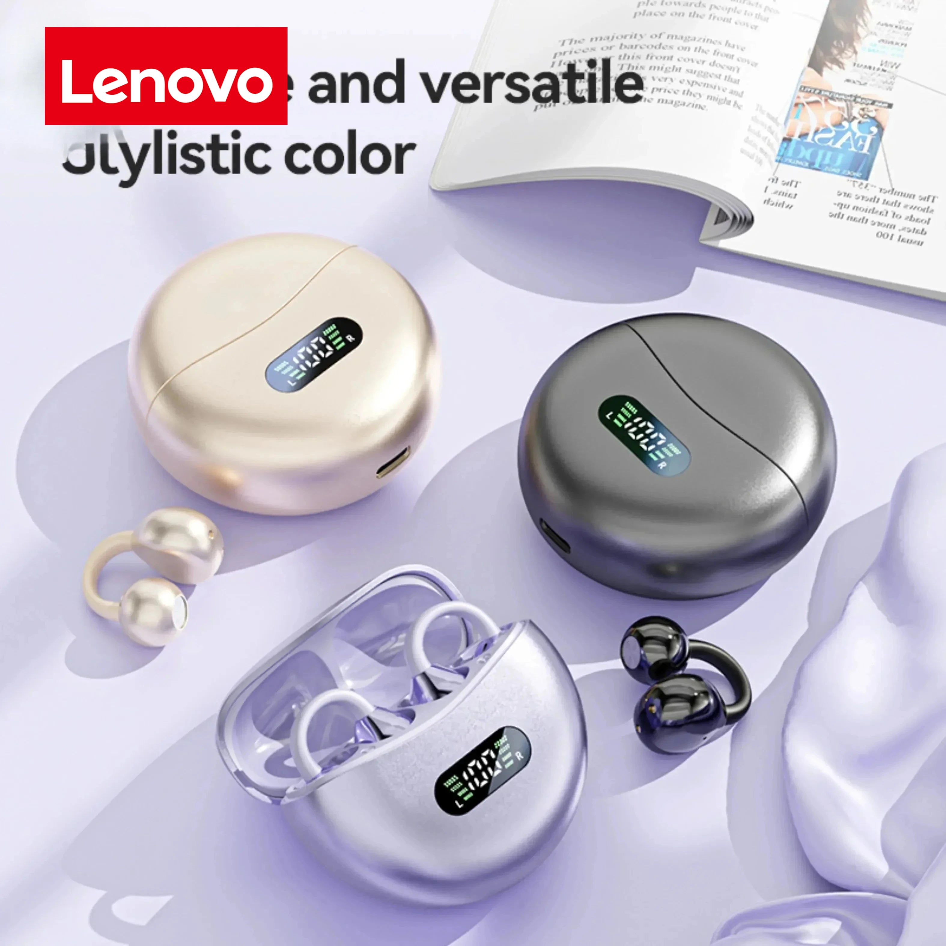 Lenovo Clip-on Wireless Bluetooth Earbuds, Type-C USB Charging, Suitable for Sports, Running, and Gaming, Open Design.