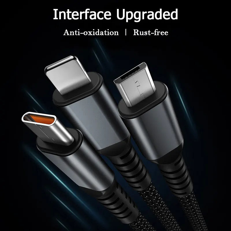 3 In 1 100w Transparent Fast Charging Cable Lightning Type C Micro USB For Iphone Samsung Huawei Xiaomi Tablet Charger Cables