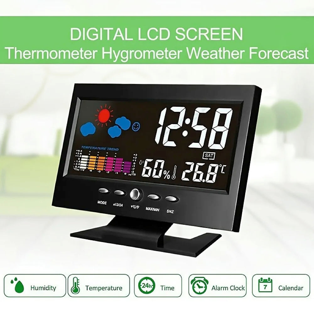 Weather Clock With Time Date Week Temperature Humidity Display Weather Forecast Function With Voice-activated Backlight Function