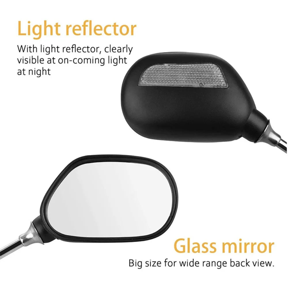 The bicycle rearview mirror can rotate 360 degrees. There is a reflector on the back of the bicycle rearview mirror.