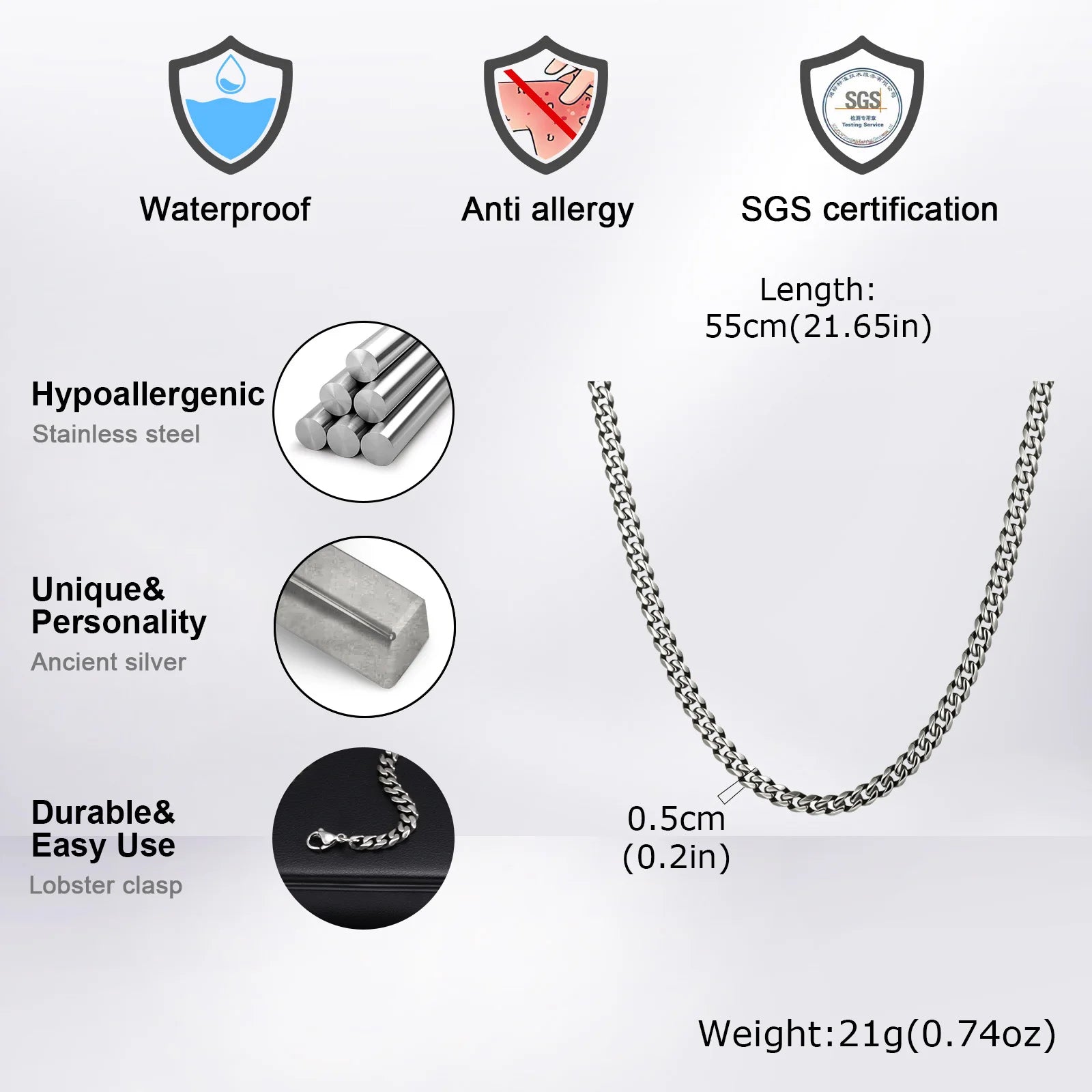 Vintage Chain Necklace for Men Boys,3/5/7mm Retro Grey Stainless Steel Collars,Rock Punk Antique Jewelry Gifts