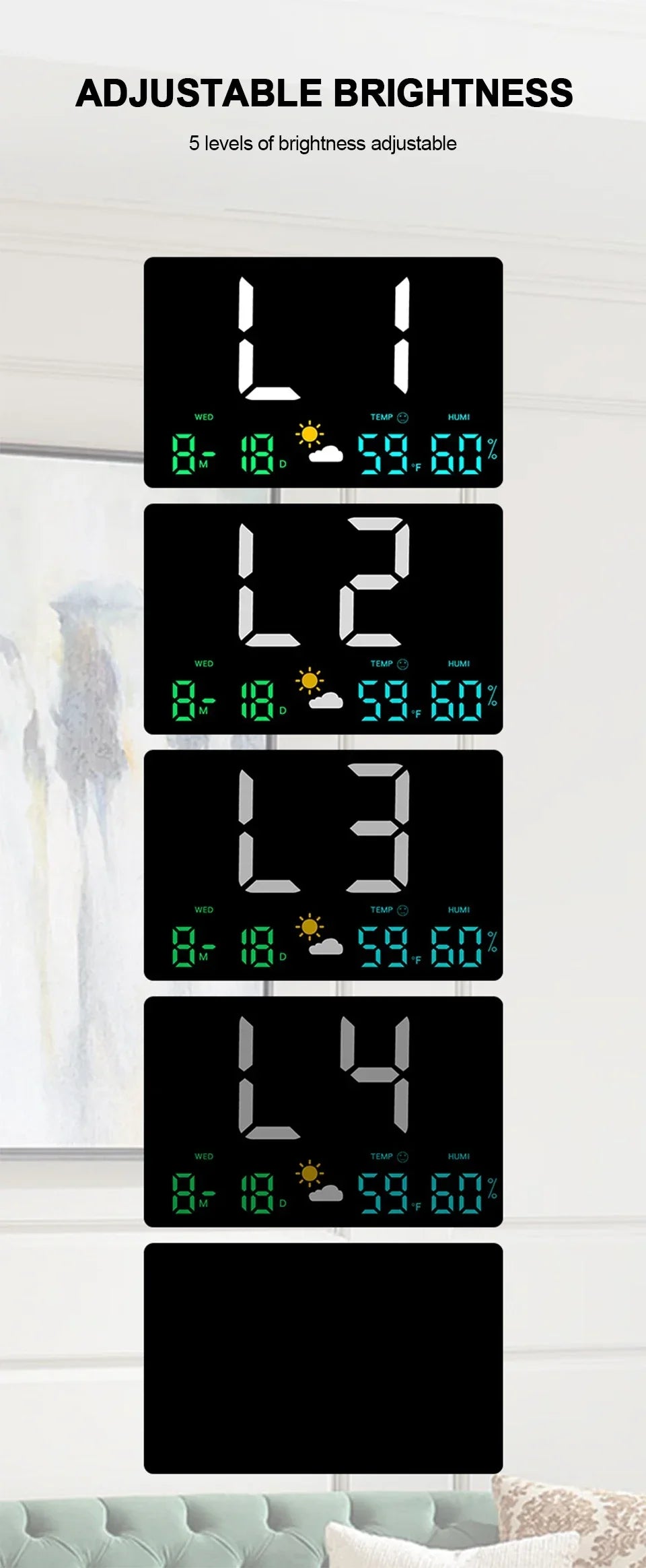 Smart Mute LED Wall Clock with Large Screen Temperature and Humidity Display Weather Clock Multifunctional Digital Color Alarm