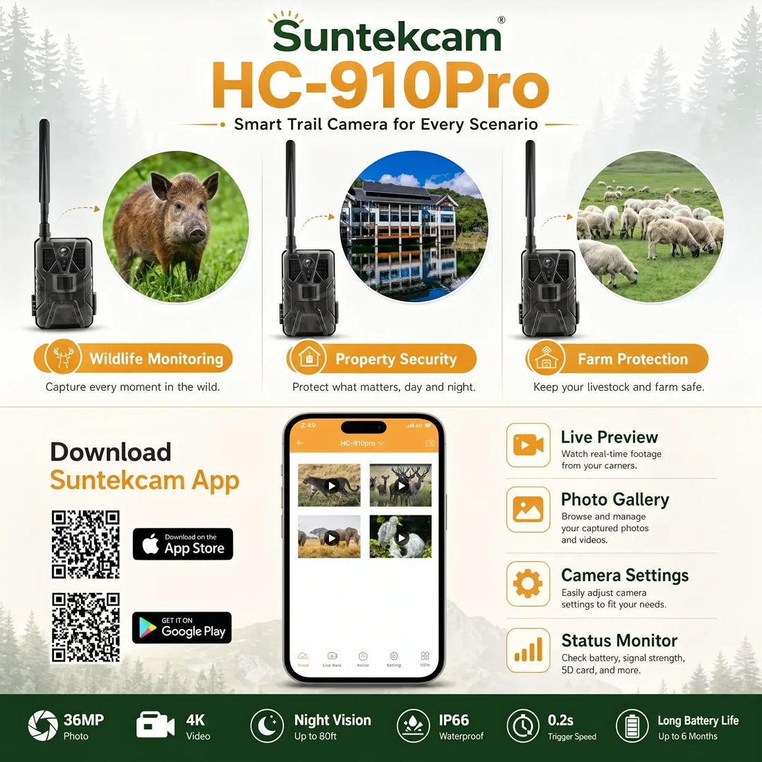 4K 30fps Trail Camera with APP Control Cloud Service 4G 30MP Live Stream Night Vision Wild Hunting Photo Trap HC910PRO
