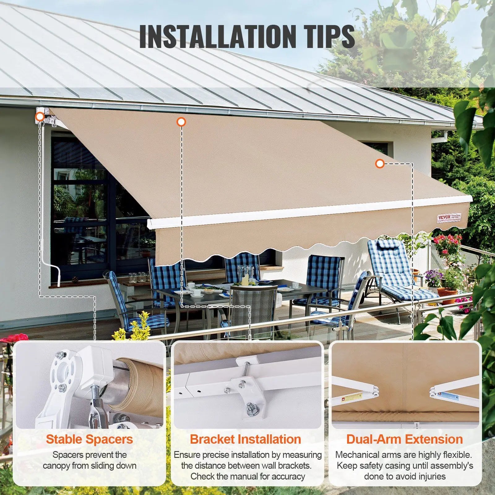 Manual Retractable Awning, 10 x 8 ft Outdoor Patio Awning Retractable Sun Shade, Water-Resistant Polyester Patio Door Window Awn