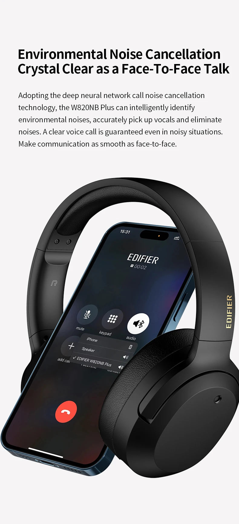Edifier W820NB Plus Wireless Noise Cancelling Headphones 49hrs Playtime 43dB ANC Hi-Res LDAC Codec Over-Ear Bluetooth Headset