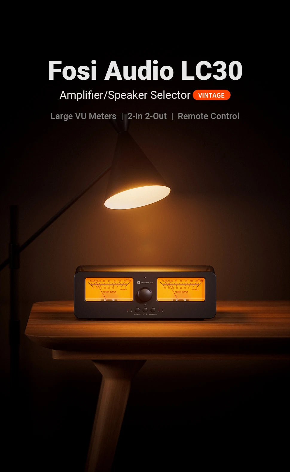 Fosi Audio LC30 Amplifier Speaker Switcher 2-in-2 Out Dual Analog VU Meter Audio Switcher Box with DB Panel Display with Remote
