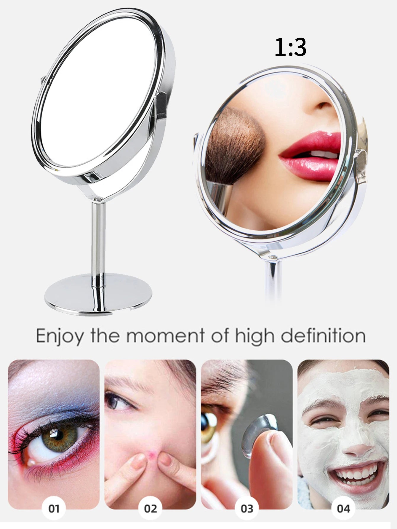 1pc Large Silver Makeup Mirror, Clear Double Sided Tabletop Beauty Mirror, Metal Silver Magnifying Cosmetic Mirror, 360° Rotatio